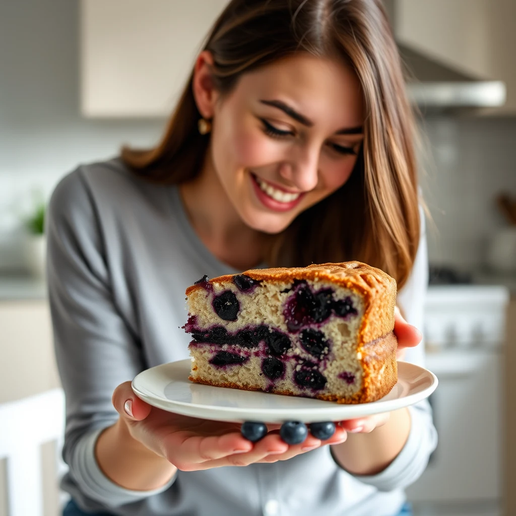 Creamy no-bake blueberry cake topped with fresh blueberries, held on a plate by a woman in a cozy bright kitchen.