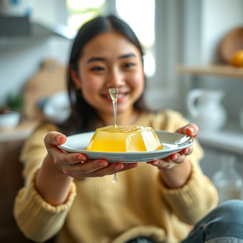 Easy lemon jelly on a white plate with orange and lemon slices, held by a woman in a bright kitchen