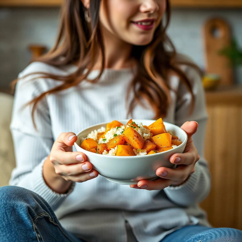 Plov with pumpkin served in a bowl held in a woman's hands, with golden pumpkin pieces, carrots and crumbly spiced rice