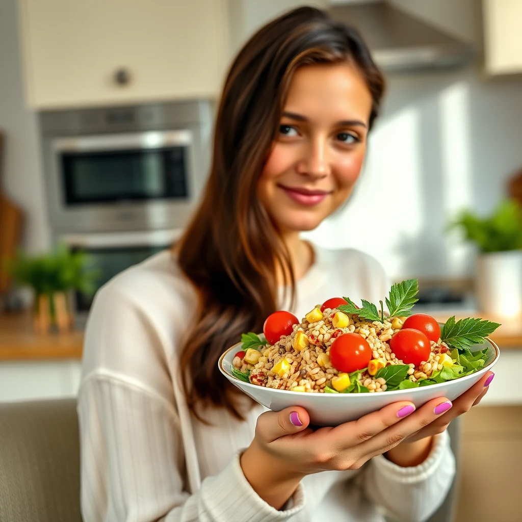 A young woman holding a bowl of salad with barley, corn, cherry tomatoes and arugula