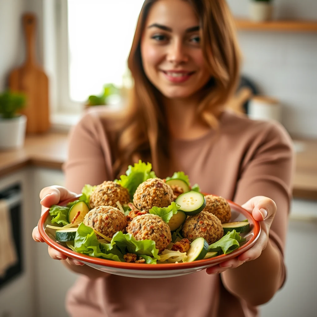 A young woman holding a plate of salad with zucchini balls and balsamic dressing in a bright kitchen