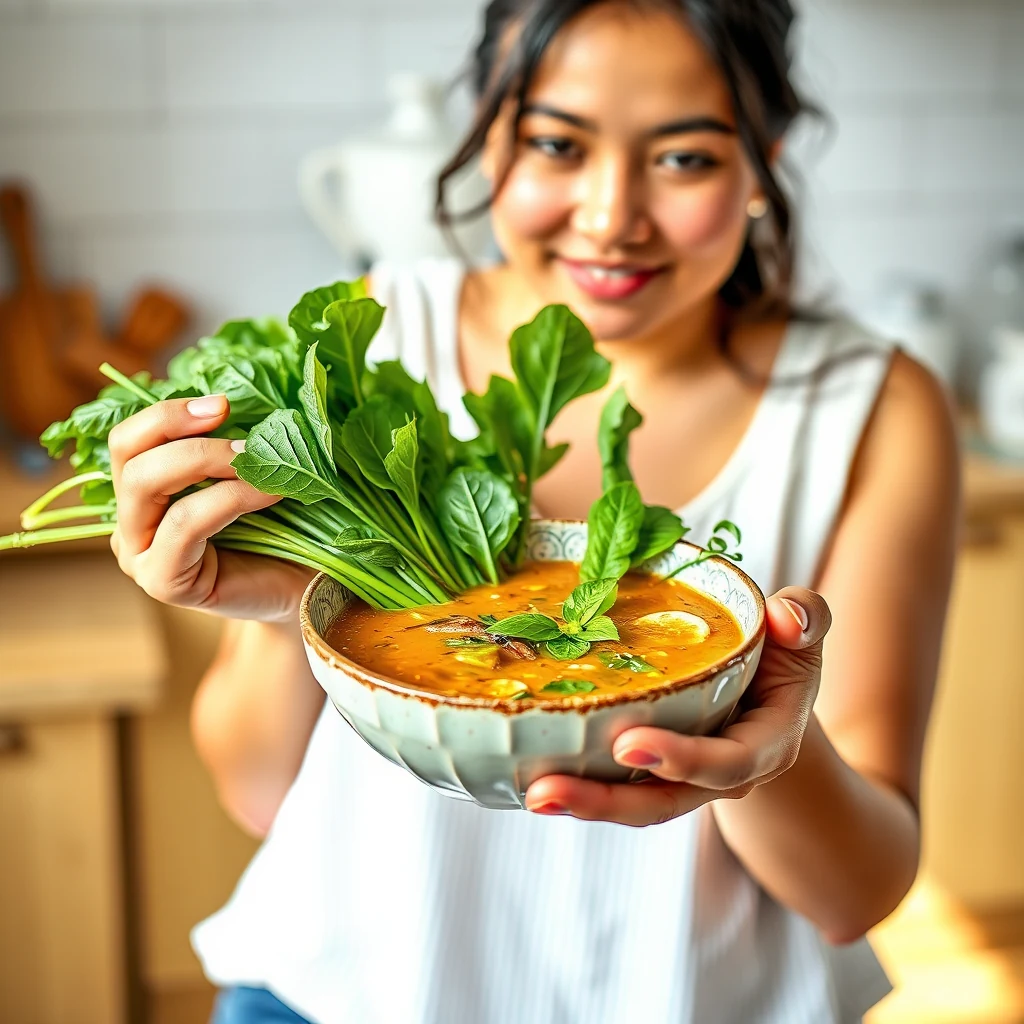 A young woman holding a bowl of sorrel soup with white beans, potatoes, and fresh sorrel leaves