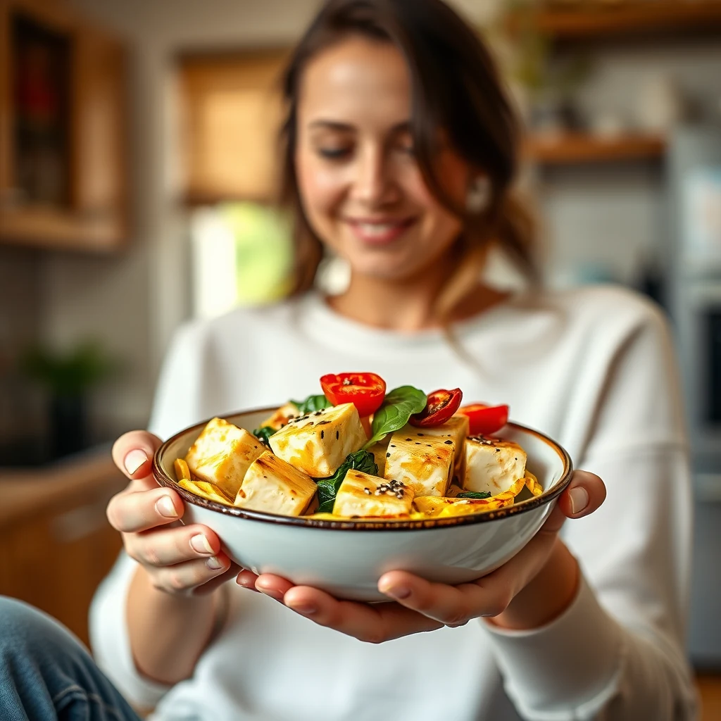 Tofu omelette with spinach, sun-dried tomatoes and sesame seeds, held in a woman's hands